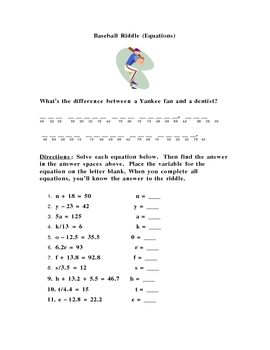Preview of Baseball Riddle Math Practice Worksheet