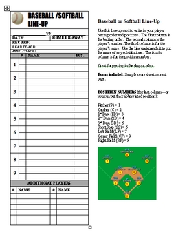 Preview of Baseball Softball Line Up Roster Card PDF for Coaches, Dugout, Ump