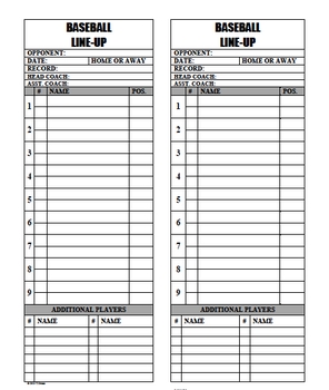 Preview of Baseball Softball Line Up Roster Card for Coaches, Dugout, Ump