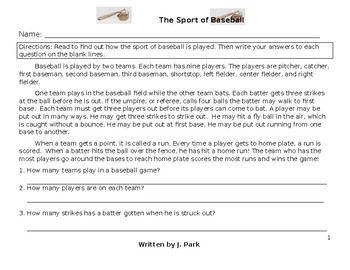 Preview of Baseball Worksheet w/10 questions & Baseball Field Diagram Reading Comp & Vocab