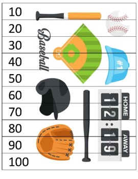 Preview of Baseball-themed sequence puzzle, numbers 10,20,30,40,50,60,70,80,90,100