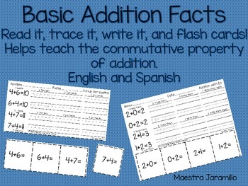 Preview of Basic Addition Facts Practice and Flash Cards (English and Spanish)