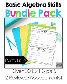 Preview of Basic Algebra Skills Bundle Pack - Part 1 & Part 2 Exit Slips & Reviews