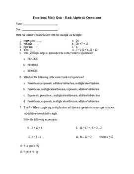 Preview of Basic Algebra Skills Quiz