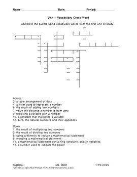 Preview of Basic Algebra Vocabulary Crossword Puzzle