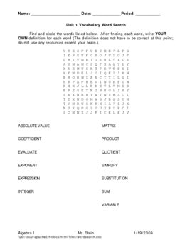 Preview of Basic Algebra Vocabulary Word Search