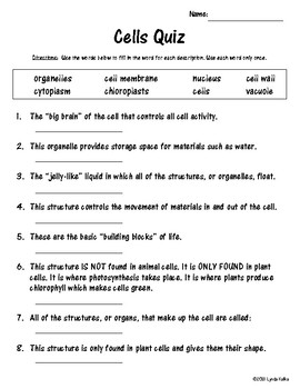 Basic Cell Biology Science Quiz by Lynda's Corner Classroom | TPT