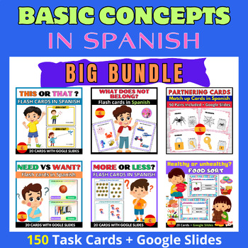 Preview of Basic Concepts.Printable Task Cards and Activities in Spanish for Kids