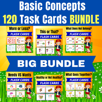 Preview of Basic Concepts Task Cards. BUNDLE with 120 Printable flashcards.Back to school.
