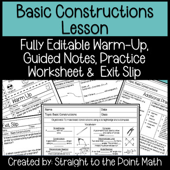 Preview of Basic Constructions | Geometry | Warm Up | Notes | Worksheet | Exit Slip