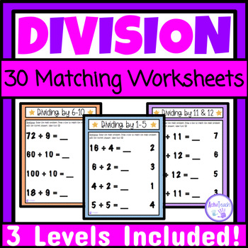 Preview of Basic Division Facts Practice Matching Worksheets Packet Special Education Math