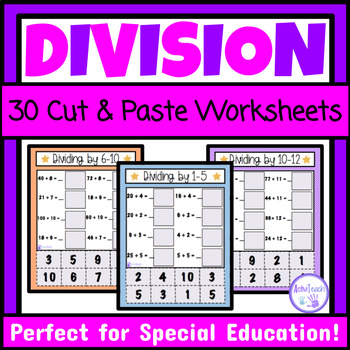 Preview of Basic Division Facts Practice Worksheets Cut and Paste Simple Division SPED Math