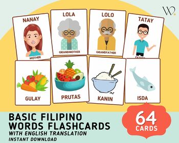 Preview of Basic Filipino Words (64 cards) Flashcards - Tagalog with English Translation