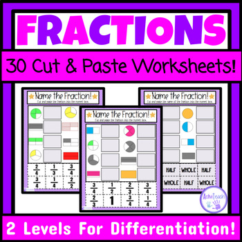 Preview of Basic Fractions Cut and Paste Worksheets Math Center Fraction Activities SPED