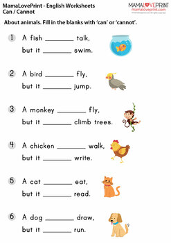 Basic Grammar - Can / Cannot - Grade 1 English Worksheets by MamaLovePrint