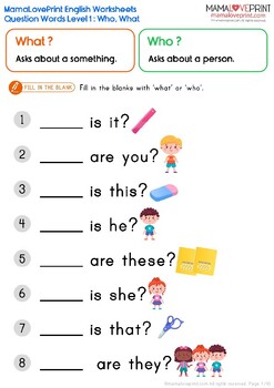 Basic Grammar - Question Words (Level 1) Who and What English Worksheets