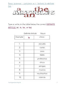 Preview of Basic Grammar Worksheet #1 - Definite and Indefinite Articles 