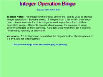 Preview of Basic Integer Operations Bingo for the Smartboard