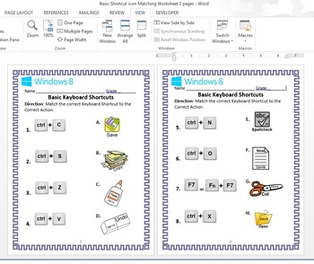 Preview of Basic Keyboard Shortcuts Matching Worksheet Microsoft Word Grade School