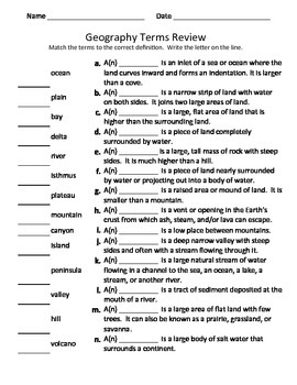 Preview of Geography Vocabulary ~Basic Landforms Terms and definitions~ Matching Worksheet