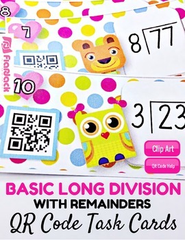 Preview of Basic Long Division With Remainders Task Cards with QR Codes (Spanish, too)