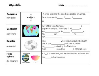 Preview of Basic Map Skills Vocabulary for ESL Bilingual Scaffolded Notes English Spanish