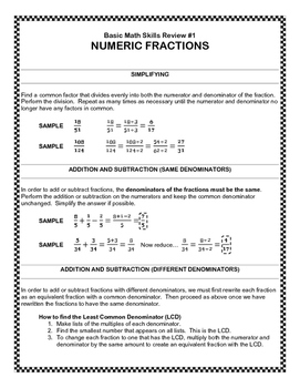 Preview of Basic Math Skills Review #1:  Numeric Fractions