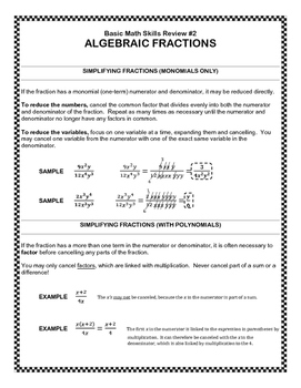 Preview of Basic Math Skills Review #2:  Algebraic Fractions