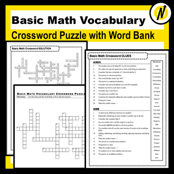 Preview of Basic Math Vocabulary Crossword Puzzle with Word Bank (ELA)