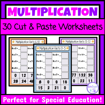 Preview of Basic Multiplication Facts Practice Worksheets Cut and Paste Activities SPED
