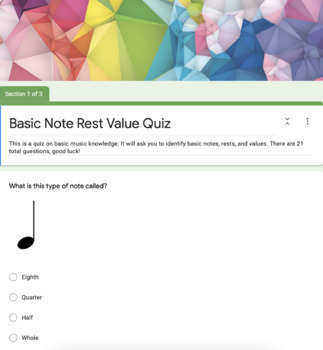 Preview of Basic Note Rest Value Quiz (self-grading Google Form)