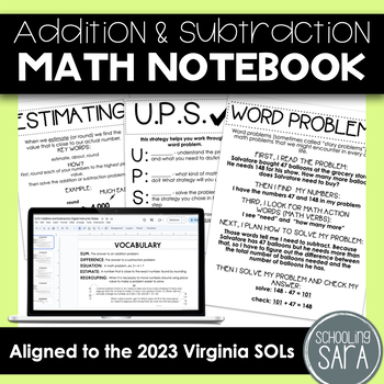 Preview of Basic Operations Addition, Subtraction & Word Problems Math Notes | SOL 3.CE.1