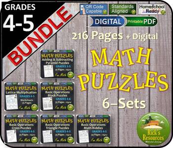 Preview of Adding, Subtracting, Multiplying, Dividing Math Puzzles Bundle - Print & Digital