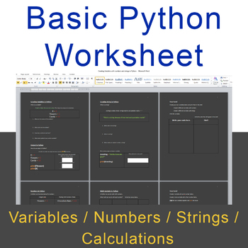 Preview of Python Worksheet - Strings, Variables, Calculations, Numbers