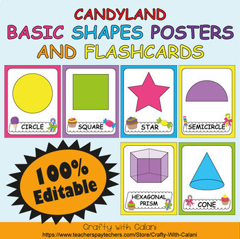 Preview of Basic Shapes Poster & Flashcards in Candy Land Theme - 100% Editble