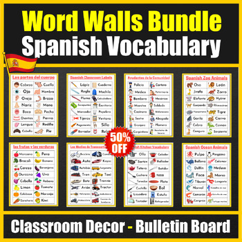 Preview of Basic Spanish Vocabulary Ward wall Cards - Mega Bundle - Bulletin board -60% OFF