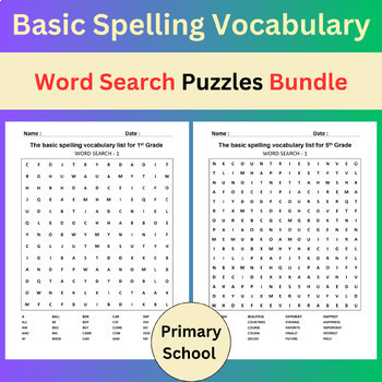 Preview of Basic Spelling Vocabulary | Word Search Puzzle Worksheets Bundle | (1-5) Grades