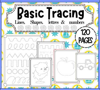 Preview of Basic Tracing worksheets - pack of 120 pages - lines, shapes, letters & numbers