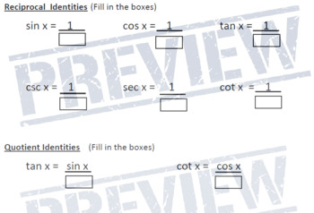 Preview of Basic Trigonometric Identities Practice/Quiz Fill-in-the-Blank