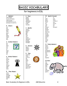 Basic Vocabulary for Beginners in ESL by AMC Education | TpT