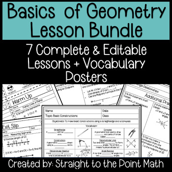 Preview of Basics of Geometry Lesson Bundle | Editable | Warm Up | Notes | Worksheet