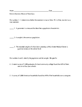 Preview of Basics of Statistics Quiz Version B with Answer Key