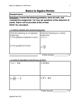 Preview of Basics to Algebra Unit Test Review