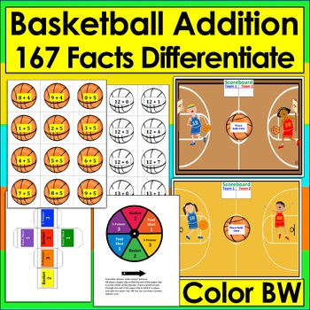 Basketball Math Addition Math Centers - 167 Facts on Basketballs - 4 Courts