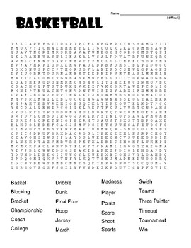 Basketball DIFFICULT Word Search and Coloring Page (SUB PLAN use?)