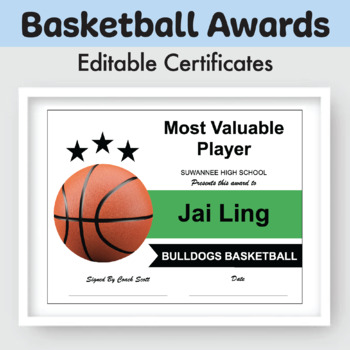 Preview of Basketball Editable Award Certificates | For Coaches, K-12 Sports Teams