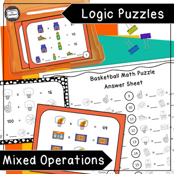 Preview of Basketball Math Logic Puzzle Enrichment Activity Mixed Operations Task Cards