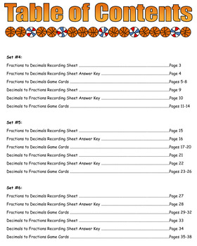 Basketball Bonanza Game Cards Converting Fractions To Decimals Sets 4 5 6