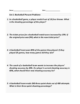 Preview of Basketball Percent Math Grade 6/7 With Answers and Explanations