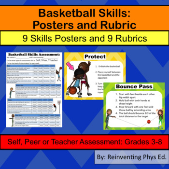 Preview of Basketball Skills W/ Rubrics: 9 Skills Posters & 9 Basketball Rubrics: Grade 3-8